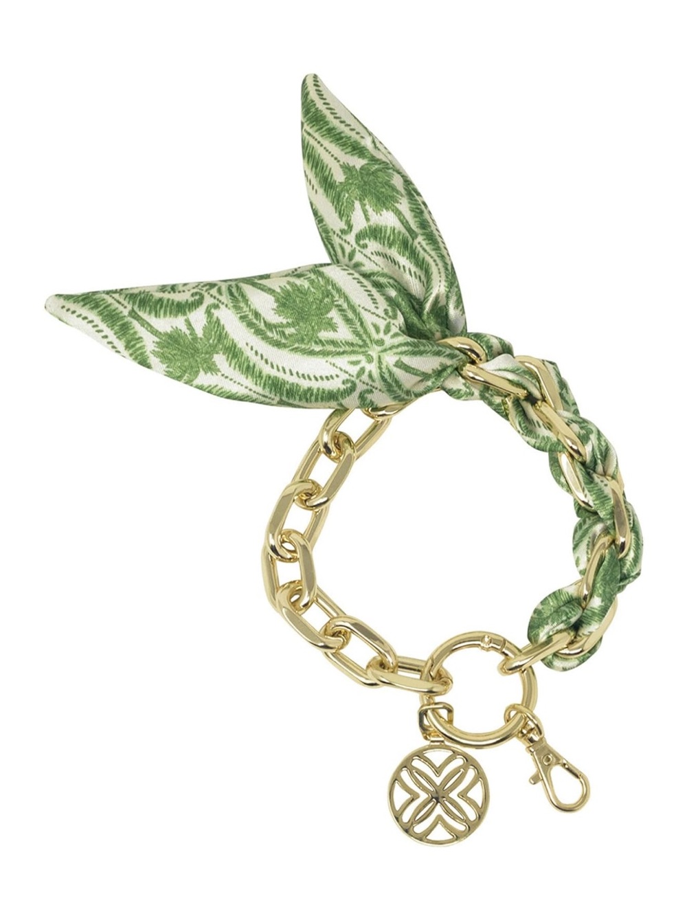 New Lilly Pulitzer Gold Chain Wristlet Keyring with Green Printed Scarf Accent
